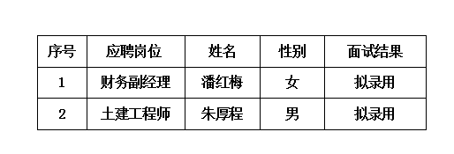 京宇置業(yè)有限公司招聘擬錄用人員公示